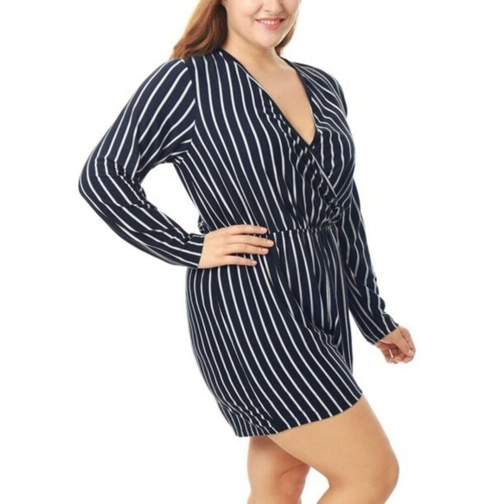 Boho Navy White Stripe Long Sleeve Romper Surplice V Neck Elastic Waist Coastal - Picture 2 of 5